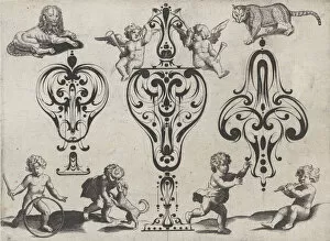 Blackwork Designs with Putti and Felines, Plate 8 from a Series of Blackwork Ornamen..., after 1622