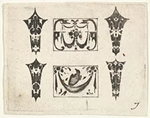 Bezel Gallery: Blackwork Print with Two Horizontal Panels and Four Bezels, ca. 1620