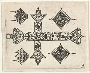 Visscher Gallery: Blackwork Print with a Latin Cross and Four Motifs, ca. 1620