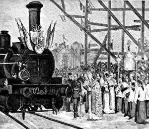 Badajoz Gallery: Blessing of the first locomotive, before the King and Queen of Spain, which circulated