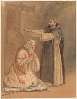 Arms Out Prints: The Blessing of a King by a Monk, 1860. Creator: Ferdinand Ernst Lintz