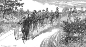 Disability Gallery: Blind Cyclists on their way from London to Derby; (the steerer of each machine could see), 1888