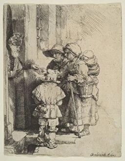 The Blind Hurdy-Gurdy Player and Family Receiving Alms, 1648. Creator: Unknown