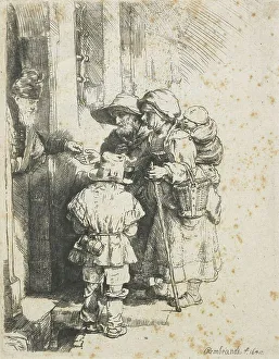 Carrying On Back Prints: A blind hurdy-gurdy player and family receiving alms