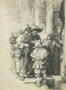 Carrying On Back Prints: A blind hurdy-gurdy player and family receiving alms