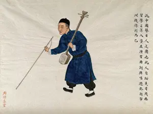 Pei Qun Prints: A blind musician carrying a shamisen (?) and walking with the aid of a cane