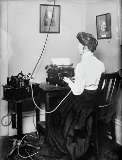 Blind stenographer using dictaphone, 1911. Creator: Bain News Service