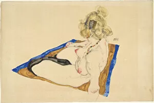 Gouache On Paper Gallery: Blonde nude seated on a brown rug with a blue border, 1912