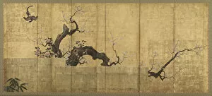 Folding Screen Gallery: Blossoming Plum and Camellia in a Garden Landscape, Edo period