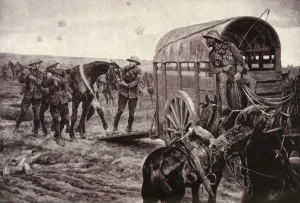 John Hammerton Prints: Under the Blue Cross: Wounded Horses Being Conveyed to the Veterinary Hospital, 1917