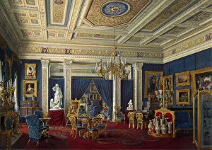 Blue Drawing-Room in the Mariinsky Palace in Saint Petersburg, Mid of the 19th cen Artist: Hau, Eduard (1807-1887)