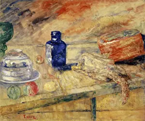 Chicken Prints: Blue Flask and Chicken, 1925. Creator: James Ensor