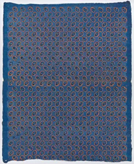 Blue sheet with two borders with a white floral and lace pattern, la... late 18th-mid-19th century. Creator: Anon