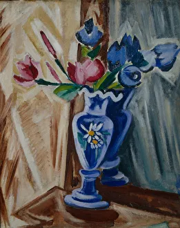 Rozanova Prints: Blue Vase with Flowers, 1913. Artist: Rozanova, Olga Vladimirovna (1886-1918)