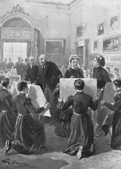 Showing Prints: Bluecoat Boys showing their drawings to Queen Victoria at Buckingham Palace, 1873, (1901)
