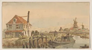 Windmills Prints: Boat on a canal, a house and two windmills, 1801-1873. Creator: George Pieter Westenberg