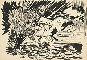 Rough Seas Prints: Boat and death, c1939. Creator: Arnold Peter Weisz-Kubincan