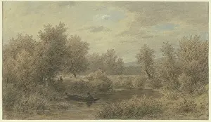 Ferry Prints: A boat with a ferryman stops at the bank (scene on the Nied River)