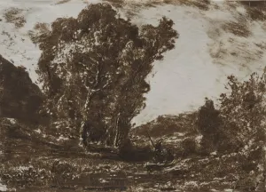 Cliche Verre Prints: Two Boatmen in a Marsh near a Cluster of Trees