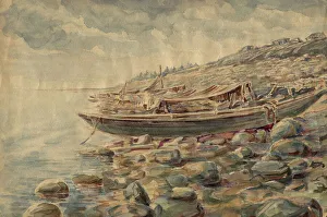 Yenisei Prints: Boats on the banks of the Yenisei, 1928. Creator: Dmitrii Innokent'evich Karatanov