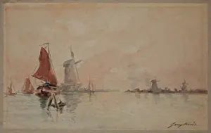 Windmills Prints: Boats on a Canal and Windmills near Dordrecht