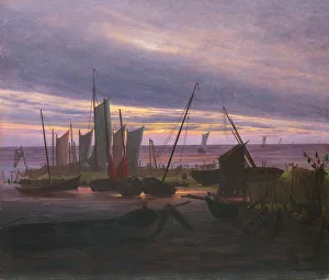 Caspar David 1774 1840 Prints: Boats in the Harbour at Evening, c. 1828. Artist: Friedrich, Caspar David (1774-1840)