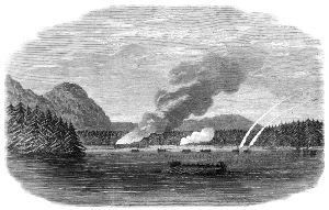 First Nations Prints: The boats of H.M.S. Sutlej and Devastation attacking an Indian village in Clayoquot