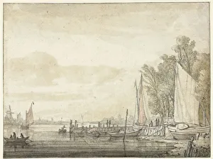 Cuyp Aelbert Prints: Boats at a jetty in a river, 1641-1642. Creator: Aelbert Cuyp