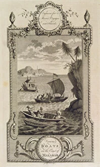 Boats on the Malabar coast, engraving in the work Voyages and Travels by John Hamilton Moore