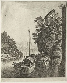 Herman Saftleven Prints: Two Boats moored under a rock, 1667. Creator: Herman Saftleven (Dutch, 1609-1685)