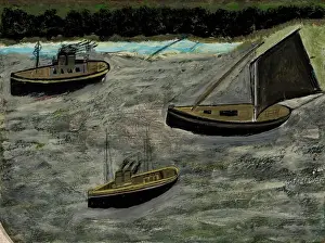 Activity Prints: Three Boats Off The Shore, c1935. Creator: Alfred Wallis