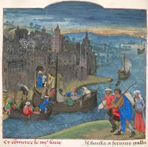 Boats readied for departure at Martigny on the river Dranse in Switzerland. From Les commentaires d Boats readied for departure at Martigny on the river Dranse in Switzerland. From Les commentaires d