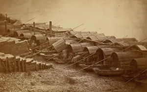 In A Row Prints: Boats Along Riverbank, 1870s. Creator: Unknown