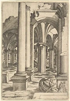 Leonard Prints: Boats Rowed Through Inundated Ruins, ca. 1550-62. Creator: Virgil Solis