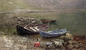 Rowing Boats Prints: Boats at the Seaside, 1885. Creator: Anders Monsen Askevold