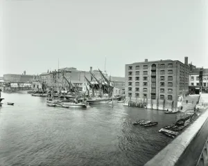 Council Prints: Boats and warehouses on the River Thames, Lambeth, London, 1906