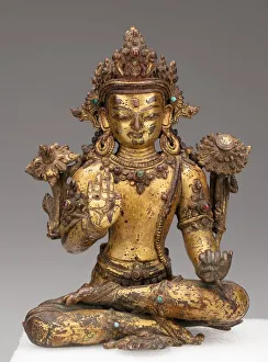 Gemstones Prints: Bodhisattva Avalokiteshvara Seated with Hand in Gesture of Reassurance (Abhayamudra)