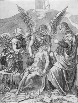 Agostino Veneziano Gallery: The Body of Christ Supported by Three Angels, 1516. Creator: Agostino Veneziano