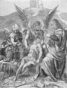 Angels Collection: The Body of Christ Supported by Three Angels, 1516. Creator: Agostino Veneziano