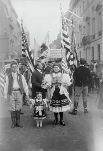 Us Flag Prints: Bohemians in Wake up America parade, 1917. Creator: Bain News Service