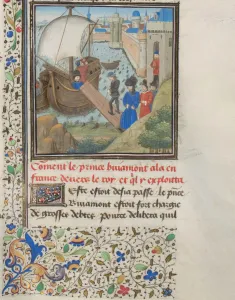Bohemond I of Antioch traveled back to Apulia. Miniature from the Historia by William of Tyre, 1460s. Artist: Anonymous Bohemond I of Antioch traveled back to Apulia. Miniature from the Historia by William of Tyre, 1460s. Artist: Anonymous