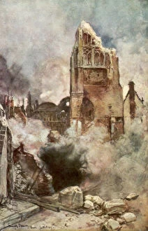 Barrage Gallery: Bombardment of the Belfry, Arras, France, July 1915, (1926).Artist: Francois Flameng