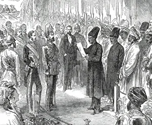 Parsee Prints: Bombay Parsees with an Address of Welcome to the Prince, 1876. Creator: Unknown