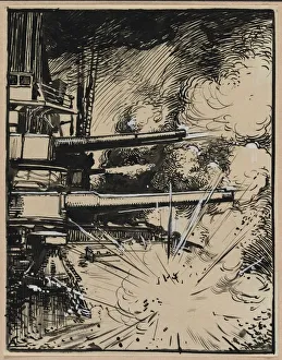 Bombe explosant sur un cuirasse aux canons braques, 1914. Creator: Auguste Louis Lepere