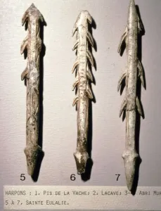 Bone Prints: Bone Harpoons for fishing, Dordogne region, France, Paleolithic Period, (c20th century)
