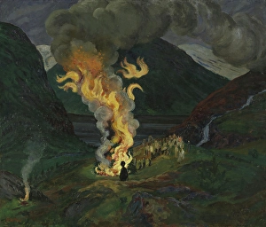 Bonfire Prints: Bonfire celebrating Midsummer Night, 1912 and 1926. Creator: Nikolai Johannes Astrup