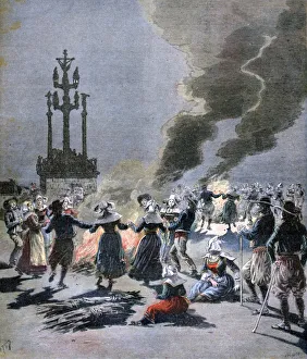 Bonfire Prints: Bonfires lit to celebrate the summer solstice in Brittany, 1893. Artist: F Meaulle