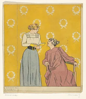 Book Cover Prints: Book cover design: two women with a book, 1868-1940. Creator: Johan Coenraad Braakensiek