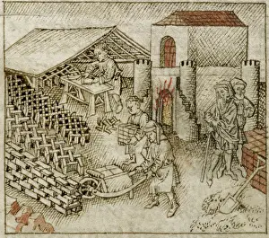 Wheelbarrow Prints: Book of Exodus: Israelites making bricks, mid 15th century. Creator: Unknown