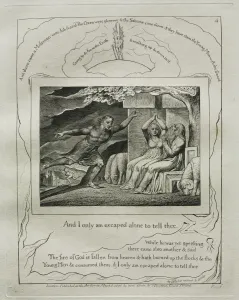 The Book of Job: Pl. 4, And I only am escaped alone to tell thee, 1825. Creator: William Blake